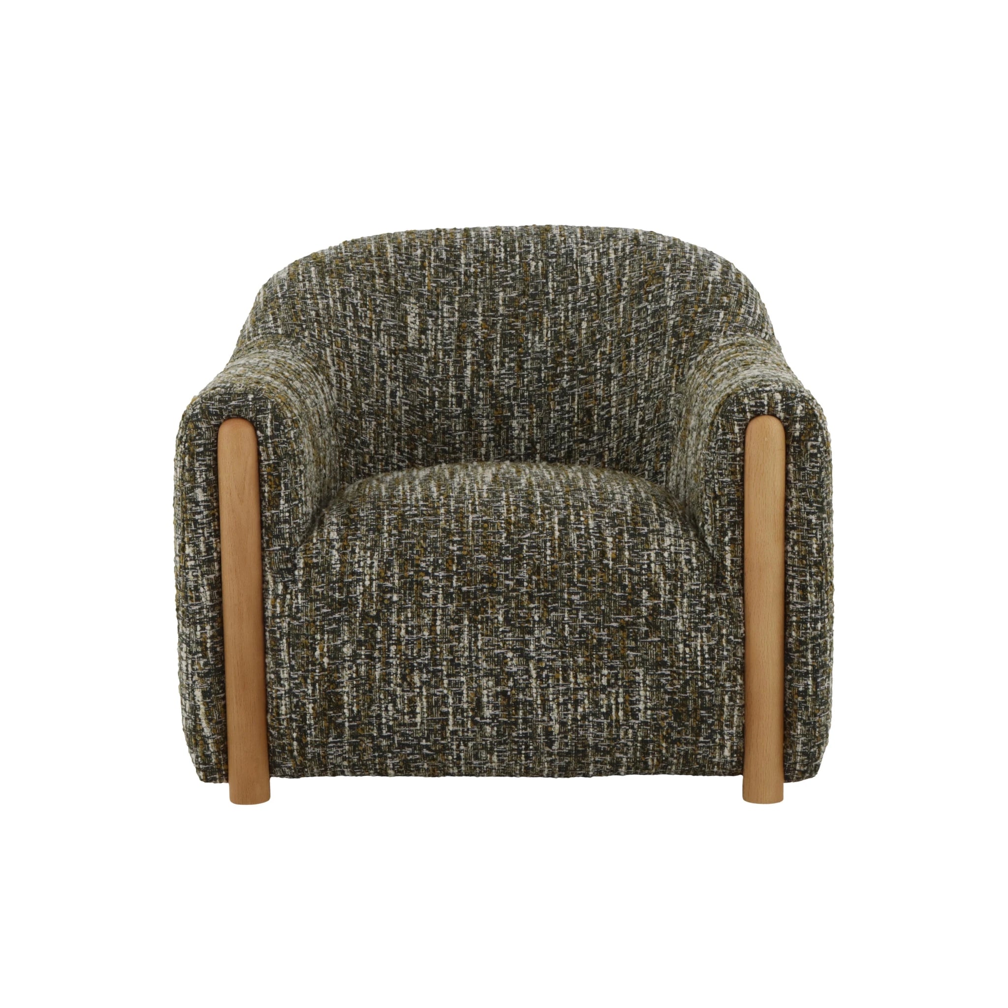 Modern green fabric lounge chair with natural oak frame and organic silhouette