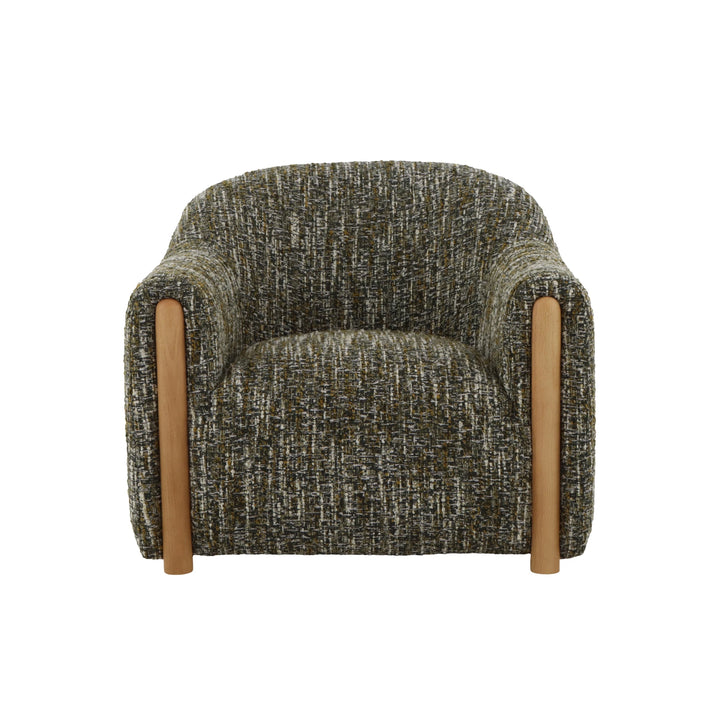 Modern green fabric lounge chair with natural oak frame and organic silhouette