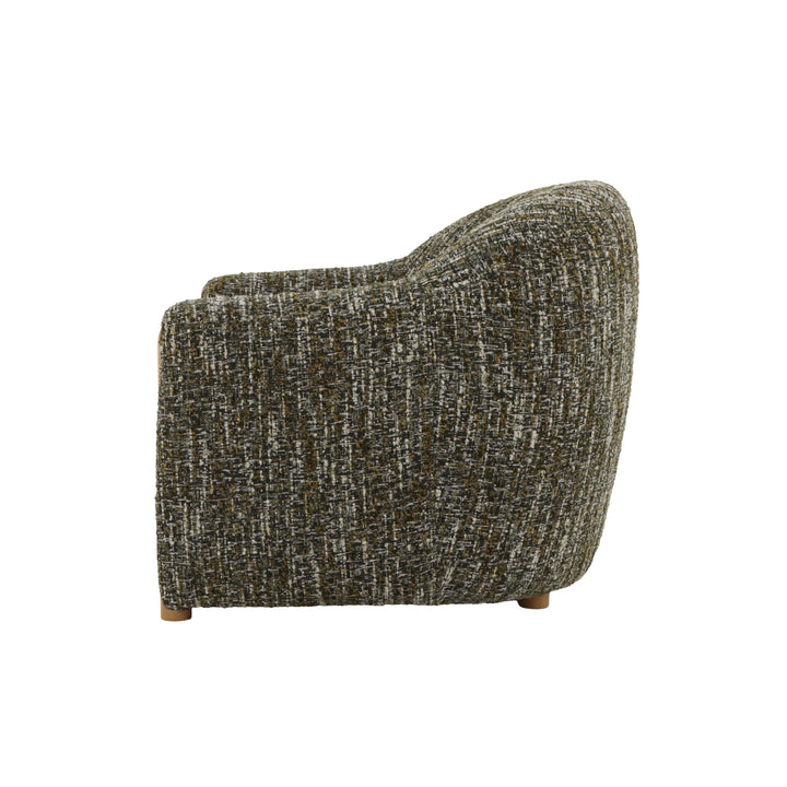 Contemporary oak armchair in deep green fabric with smooth rounded design