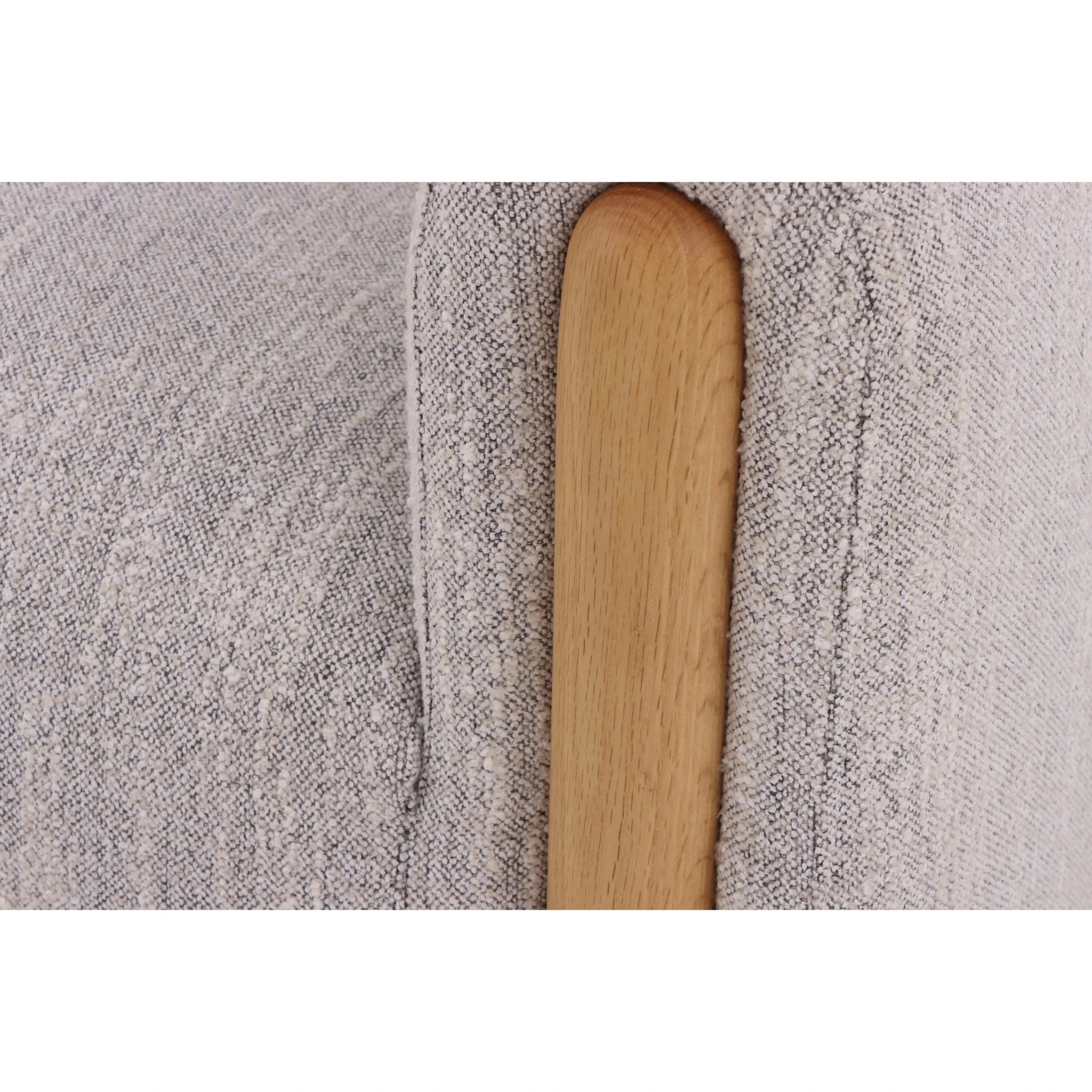 Franz – Light Grey Fabric Armchair with Oak Legs close-up on fabric weave and smooth natural oak wood armrest detail, gallery position 1