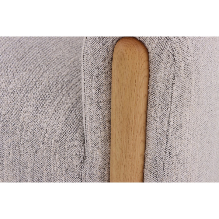 Franz – Light Grey Fabric Armchair with Oak Legs close-up on fabric weave and smooth natural oak wood armrest detail, gallery position 1