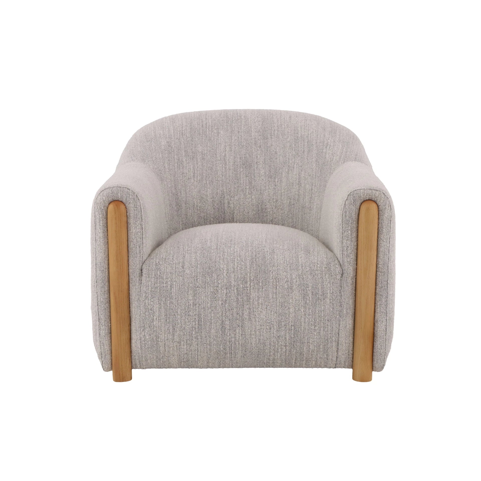 Modern light grey upholstered armchair with oak wood base and matte finish