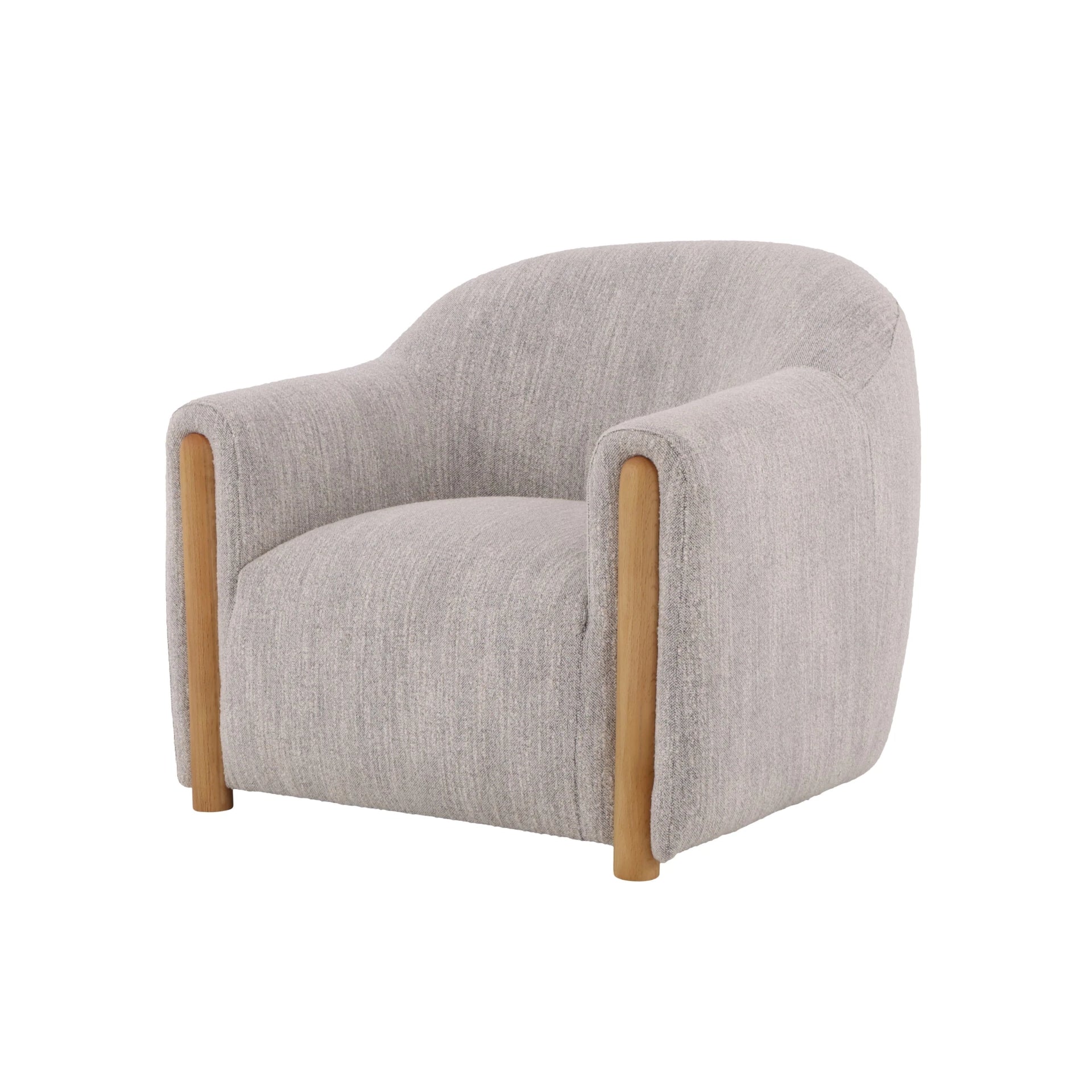 Franz light grey fabric armchair with solid oak legs and curved design