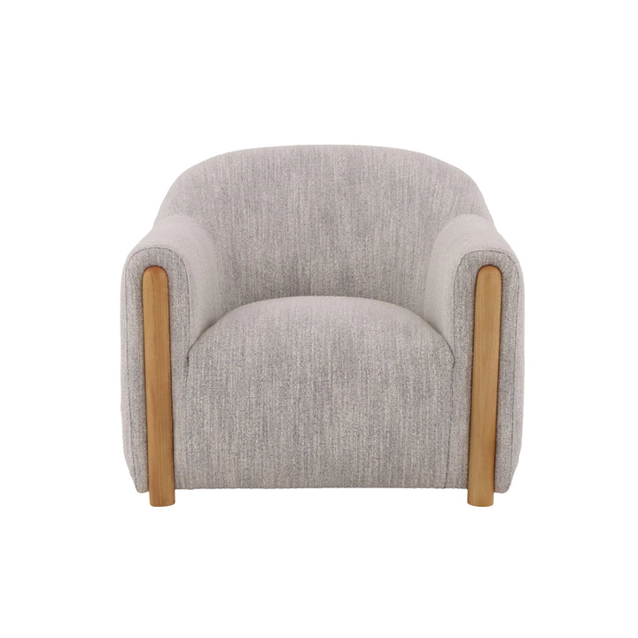 Modern light grey upholstered armchair with oak wood base and matte finish