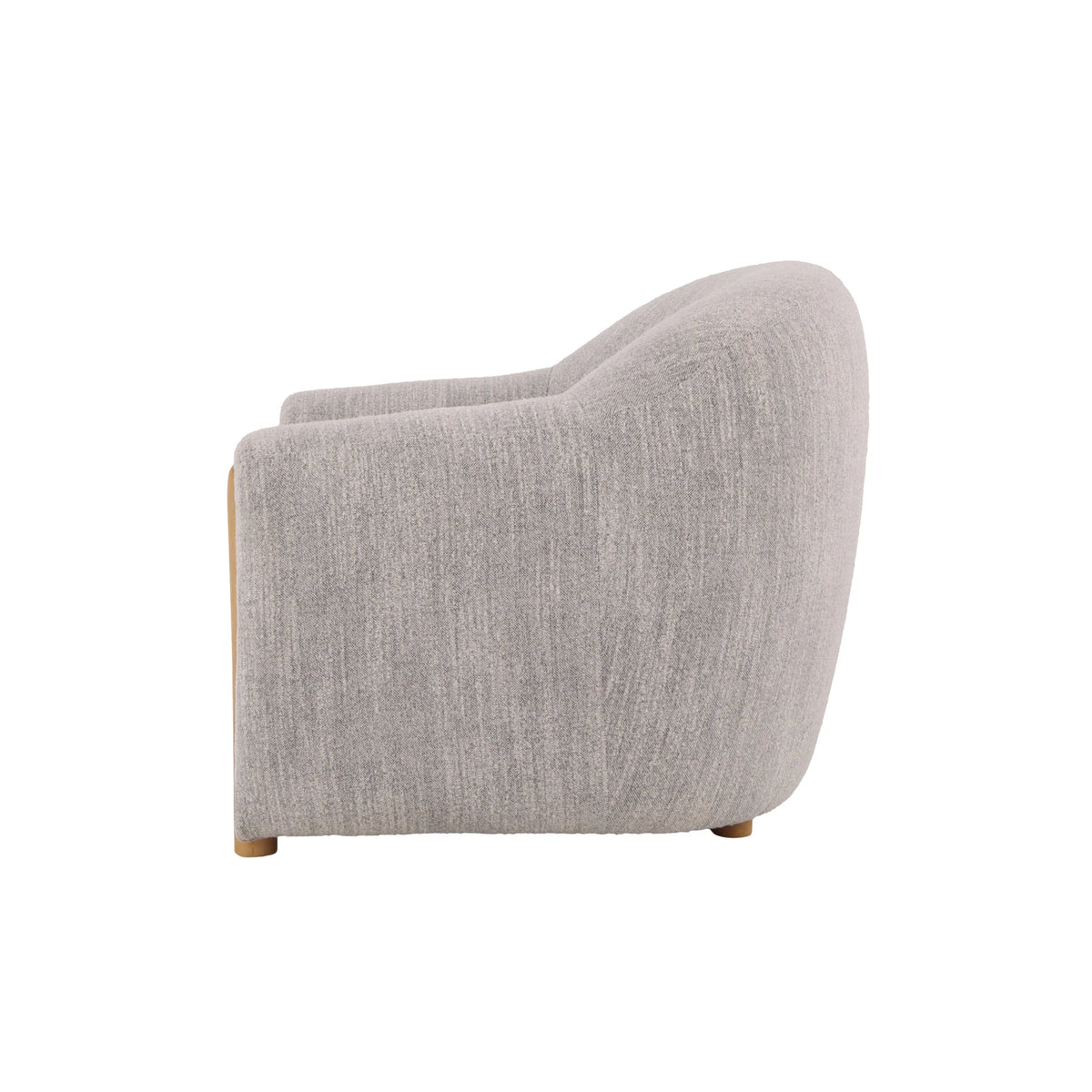 Contemporary oak armchair with light grey fabric and smooth sculpted silhouette