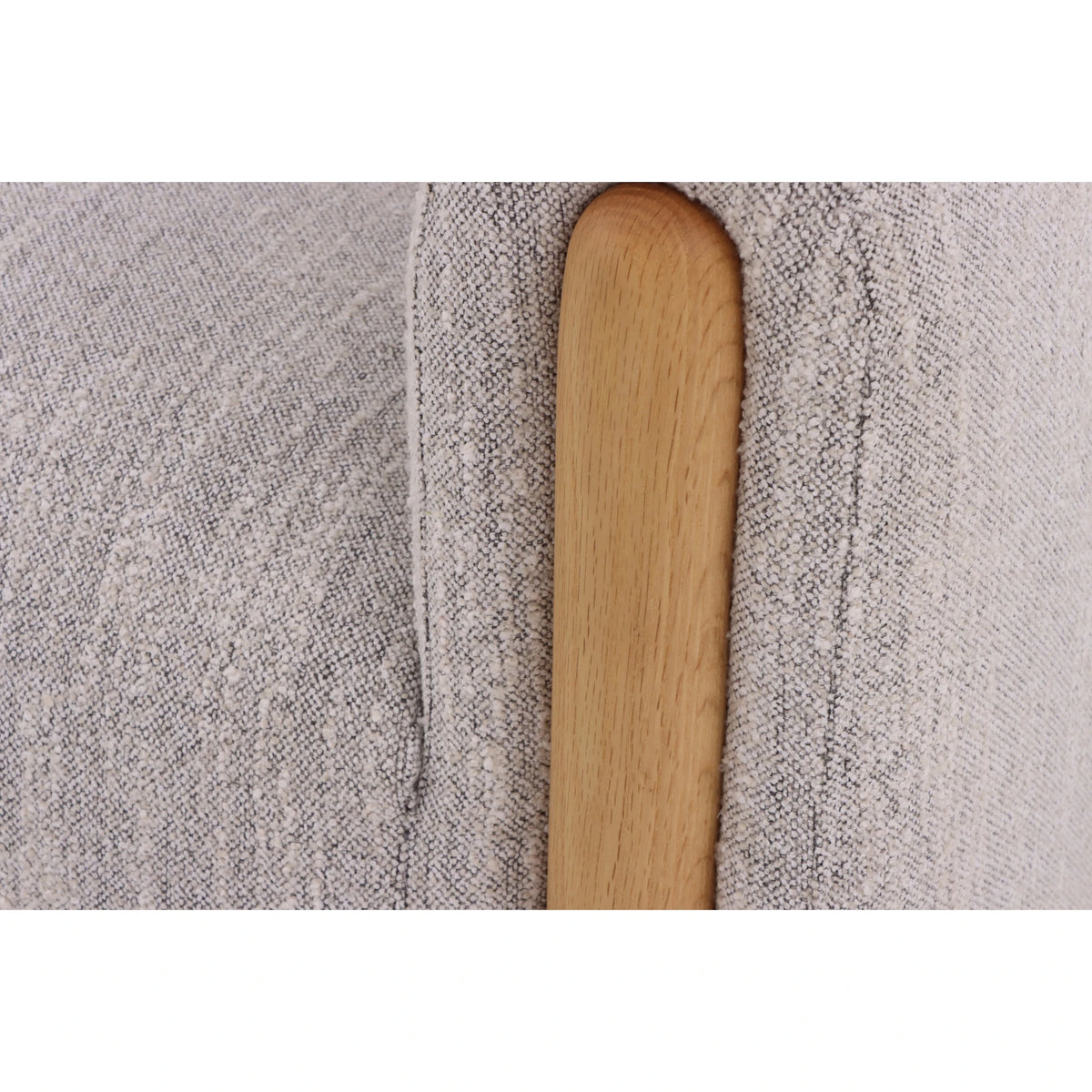 Franz – Light Grey Fabric Armchair with Oak Legs close-up on fabric weave and smooth natural oak wood armrest detail