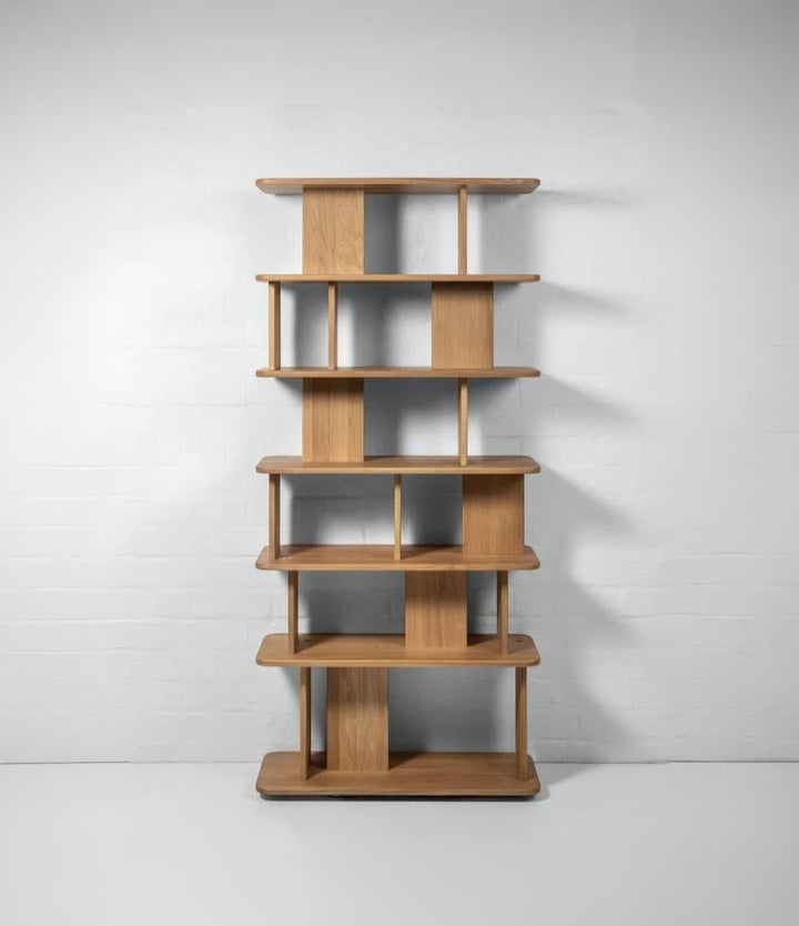 Solid oak room divider bookshelf with open shelves and minimalist contemporary style