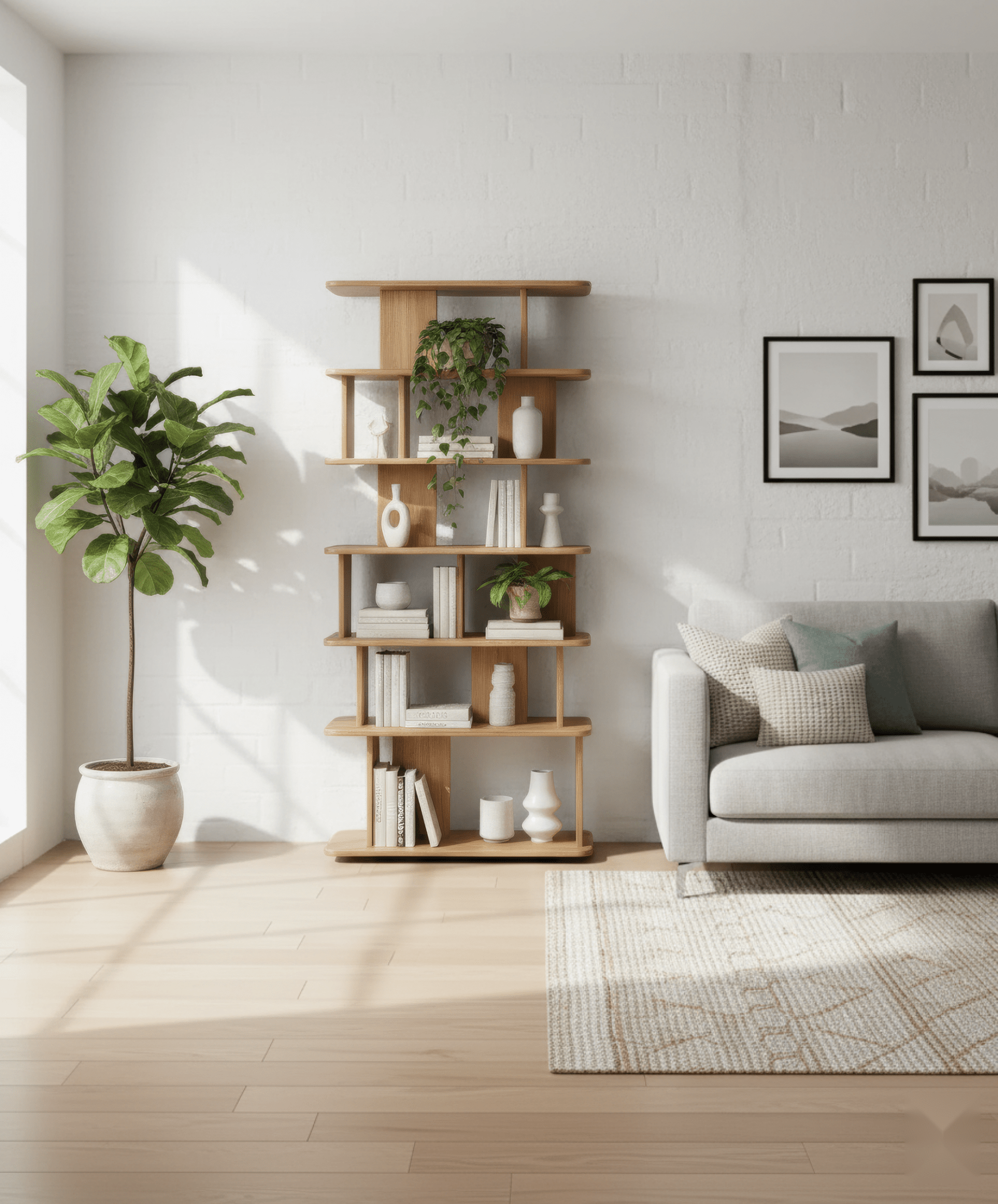 Franz solid oak bookshelf 35 with open design and natural matte lacquer finish