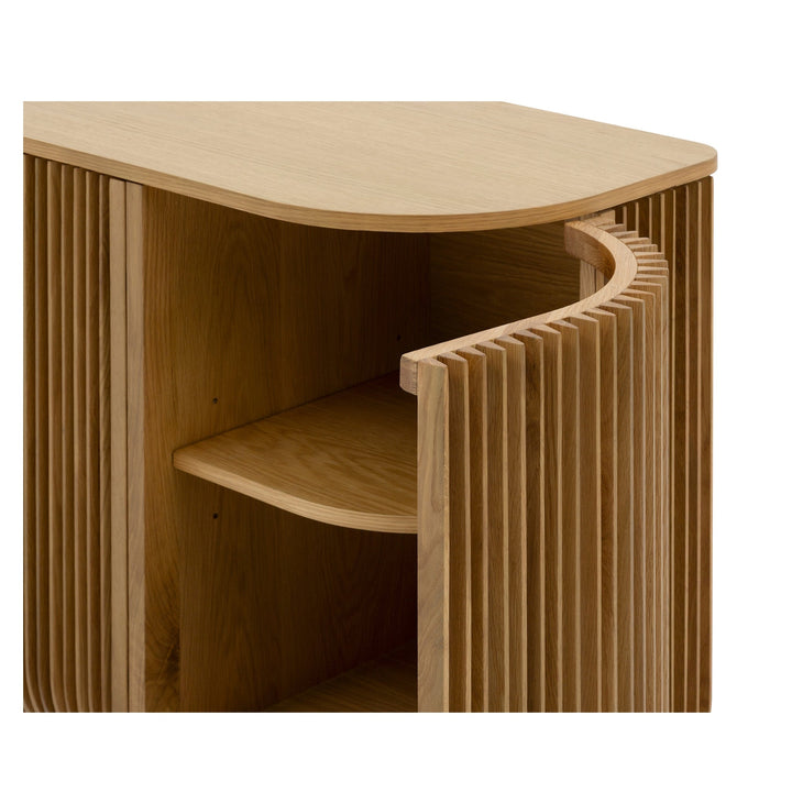 Franz Oak Sideboard open curved ribbed doors reveal natural solid oak interior shelving in minimalist Scandinavian design, gallery position 1.