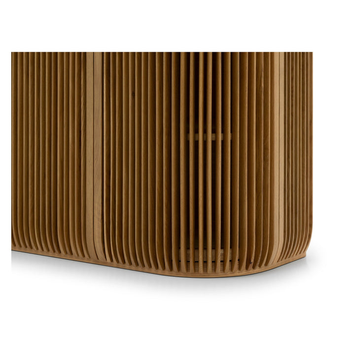 Franz Oak Sideboard close-up of ribbed solid oak wood curved corner in minimalist Scandinavian solid wood furniture design, gallery position 1.