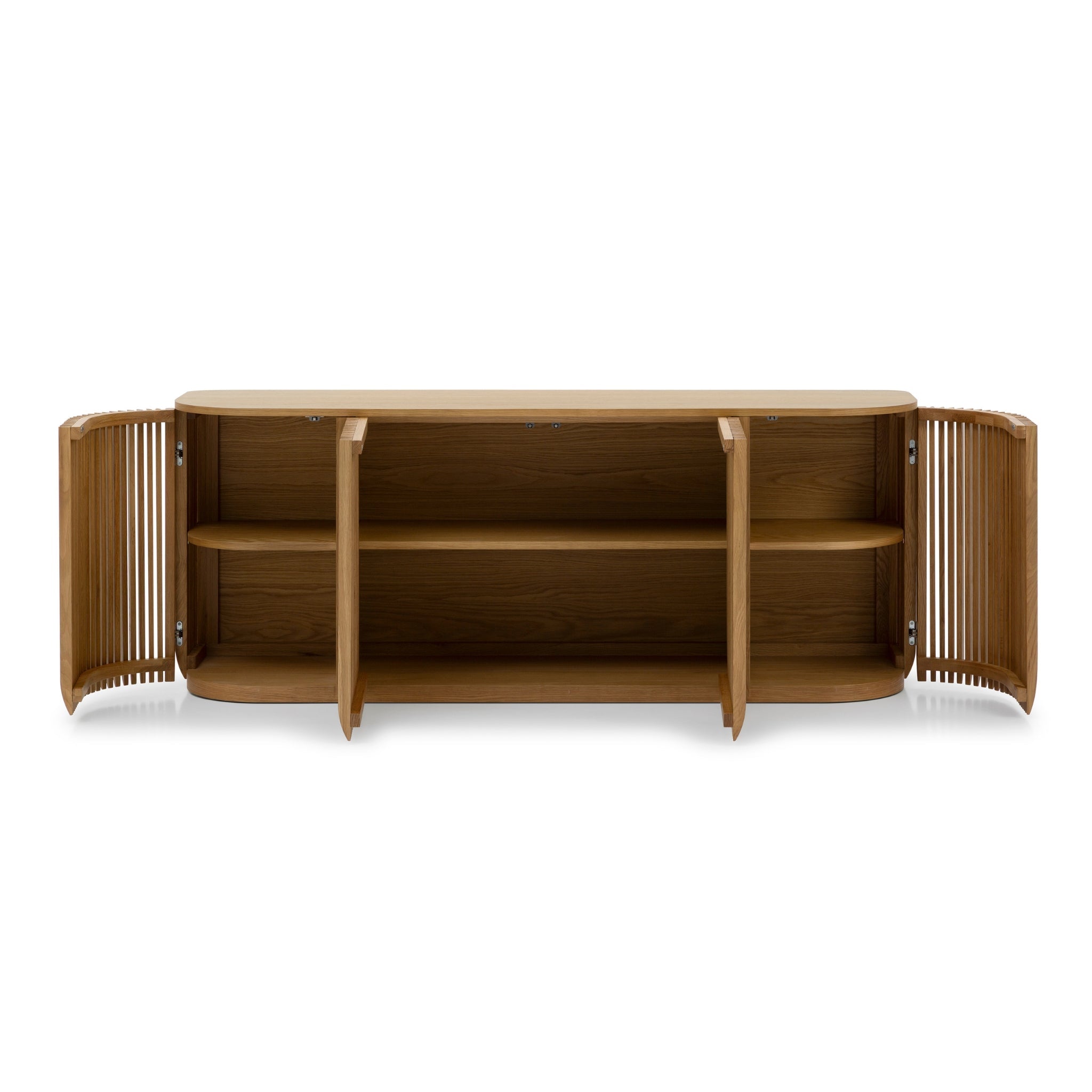 Franz Oak Sideboard open with ribbed solid oak doors and spacious interior shelving in minimalist Scandinavian design, gallery position 1.