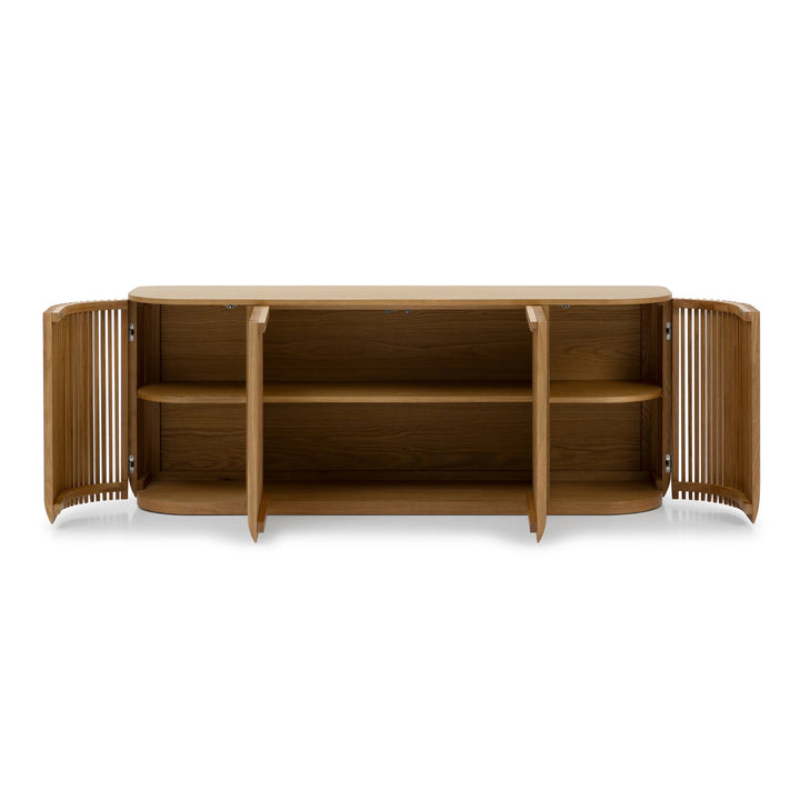 Franz Oak Sideboard open with ribbed solid oak doors and spacious interior shelving in minimalist Scandinavian design, gallery position 1.