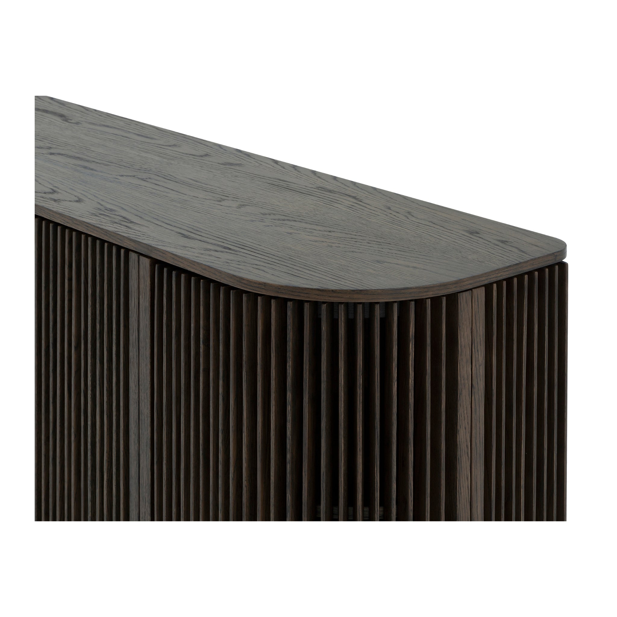 Franz Oak Sideboard - Espresso Finish close-up of rounded corner and vertical ribbed oak door detail, gallery position 1, Kummut-Franz-Espresso-5.jpg