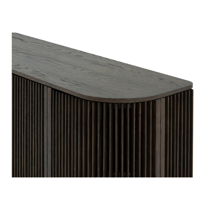 Franz Oak Sideboard - Espresso Finish close-up of rounded corner and vertical ribbed oak door detail, gallery position 1, Kummut-Franz-Espresso-5.jpg