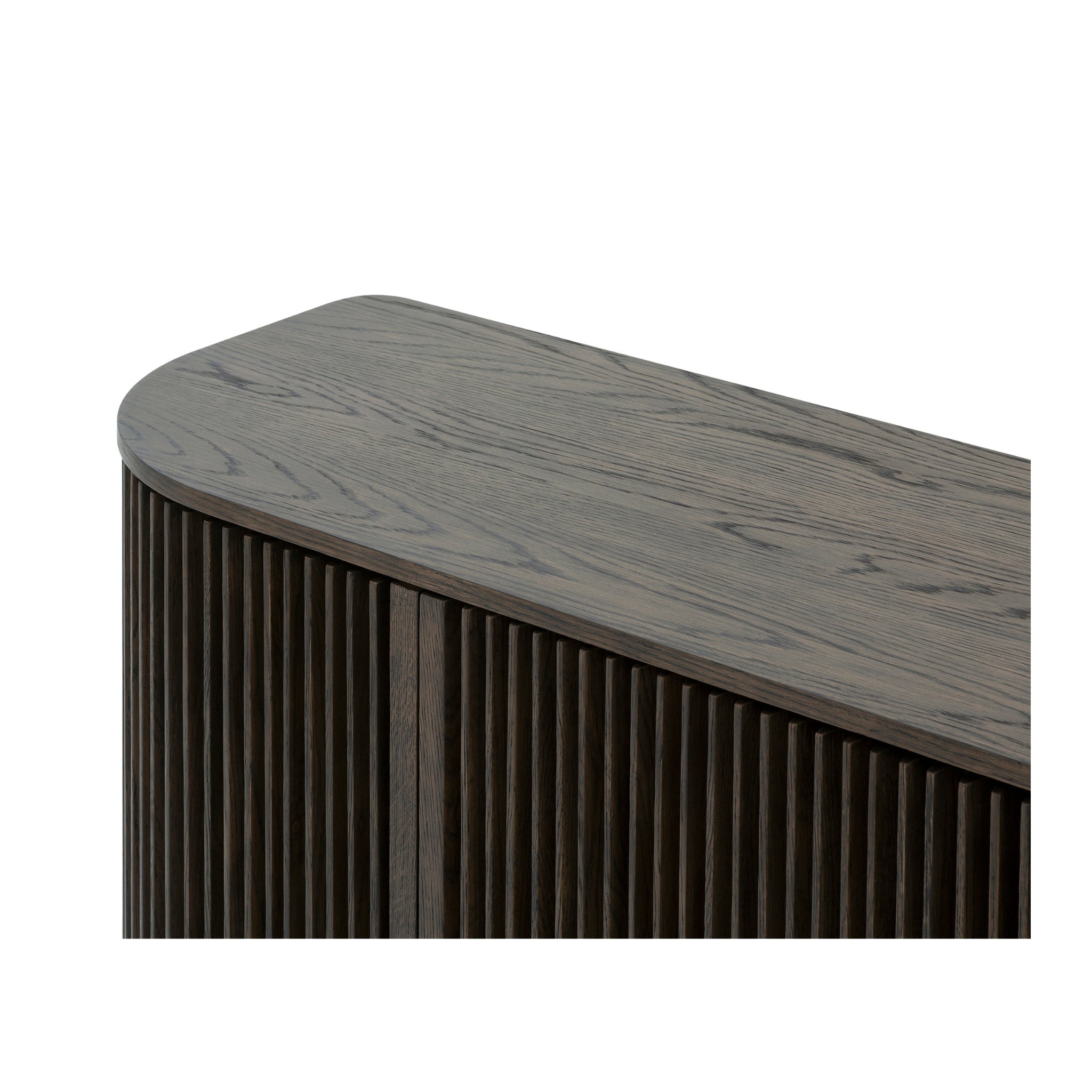 Franz Oak Sideboard - Espresso Finish close-up on smooth rounded top and vertical ribbed solid oak door detail, gallery position 1, Kummut-Franz-Espresso-7.jpg