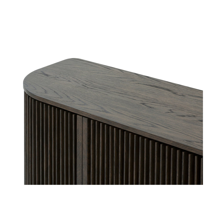 Franz Oak Sideboard - Espresso Finish close-up on smooth rounded top and vertical ribbed solid oak door detail, gallery position 1, Kummut-Franz-Espresso-7.jpg