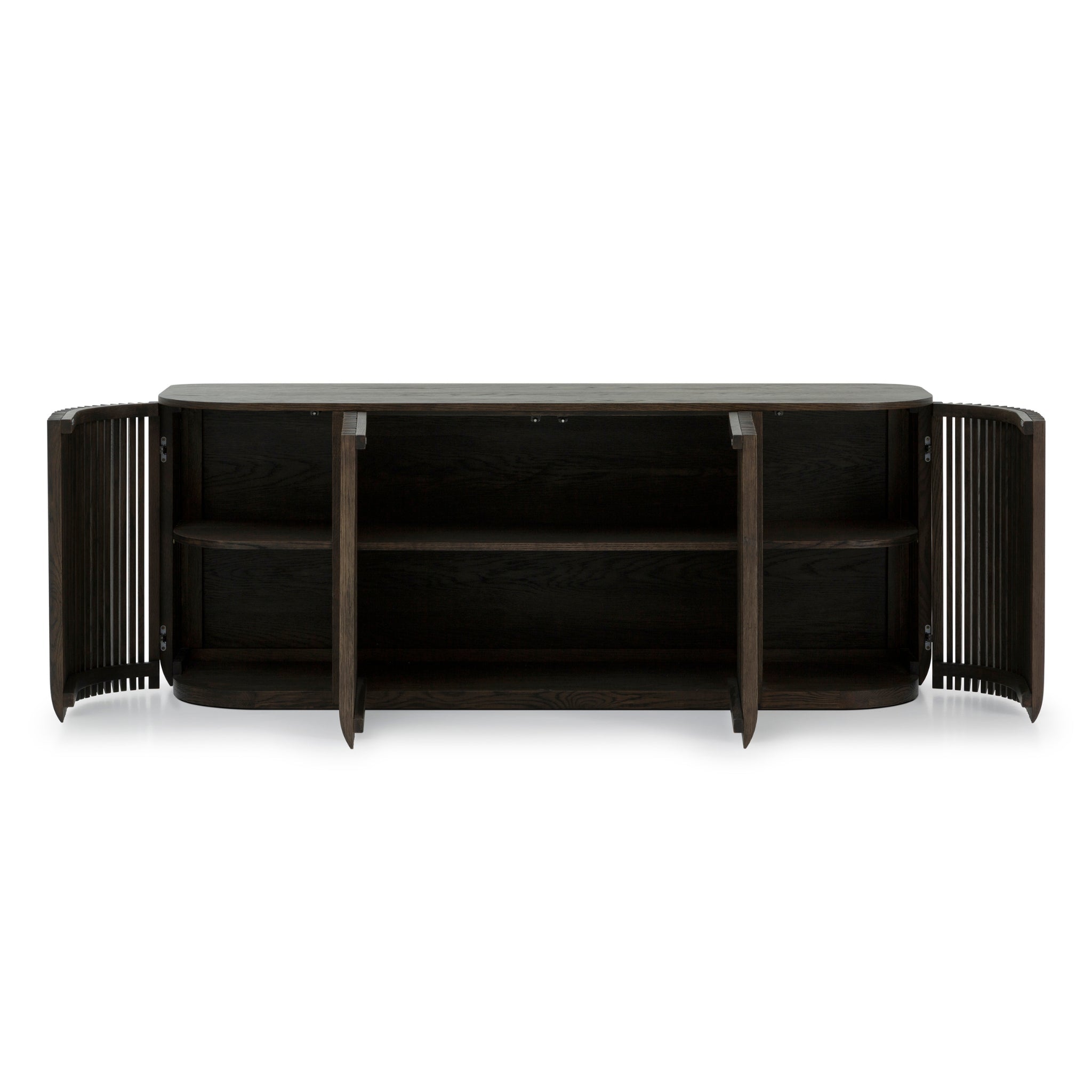 Franz Oak Sideboard - Espresso Finish with open ribbed doors, spacious interior shelves, and rounded edges in solid oak wood, gallery position 1.
