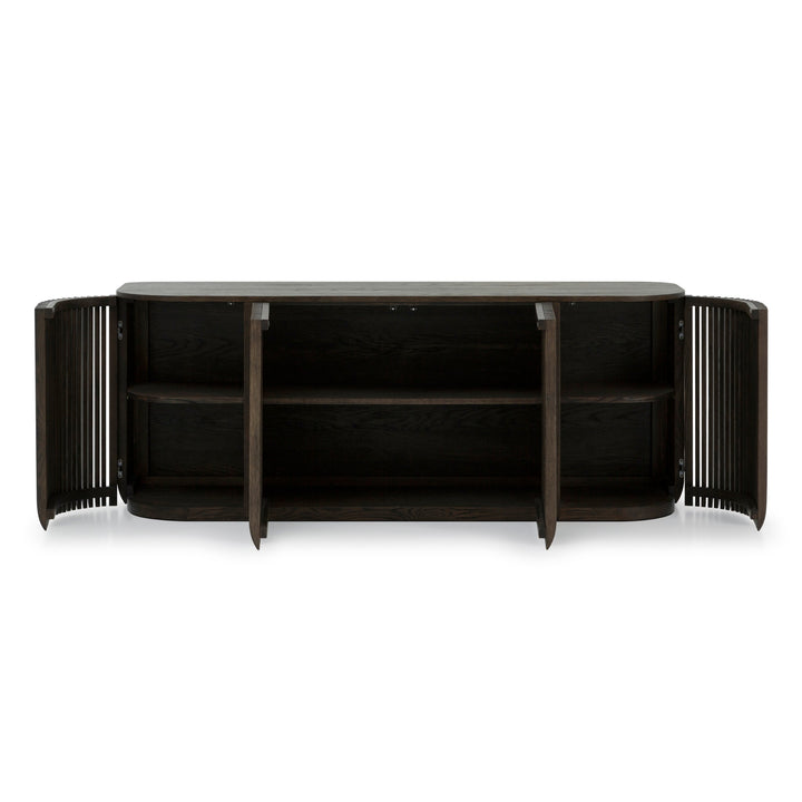 Franz Oak Sideboard - Espresso Finish with open ribbed doors, spacious interior shelves, and rounded edges in solid oak wood, gallery position 1.