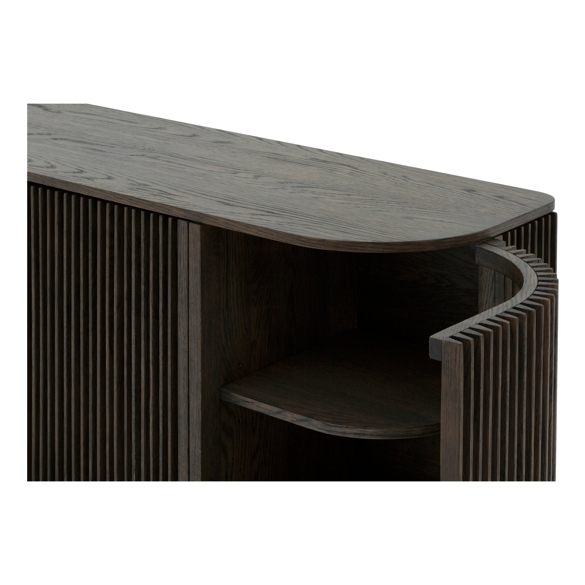 Franz Oak Sideboard - Espresso Finish close-up of open ribbed door and curved edge showcasing solid oak craftsmanship, gallery position 1, Kummut-Franz-Espresso-6.jpg