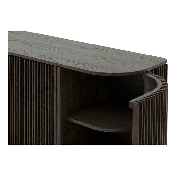 Franz Oak Sideboard - Espresso Finish close-up of open ribbed door and curved edge showcasing solid oak craftsmanship, gallery position 1, Kummut-Franz-Espresso-6.jpg