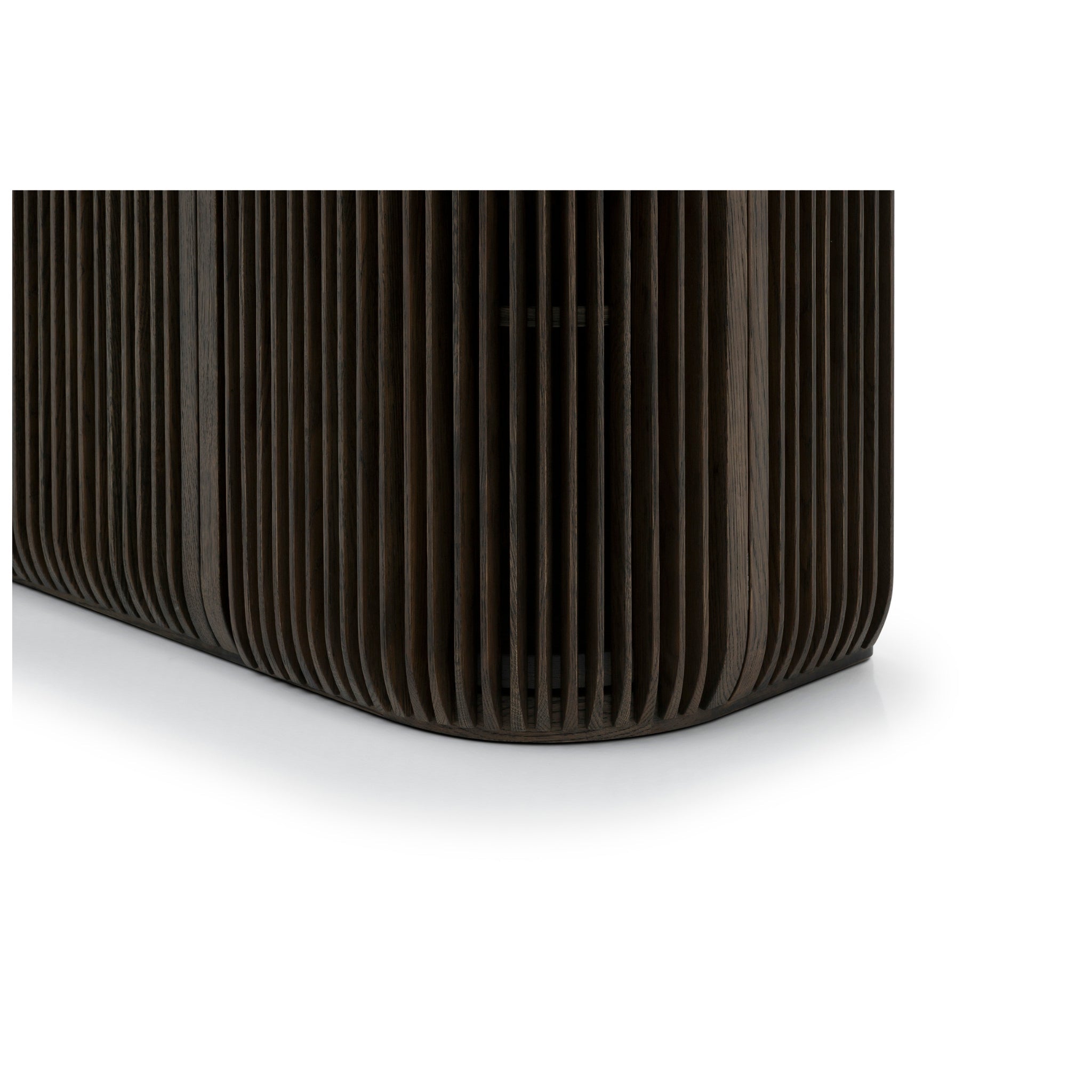 Franz Oak Sideboard - Espresso Finish close-up on the rounded ribbed oak corner emphasizing solid wood and Scandinavian design, gallery position 1.