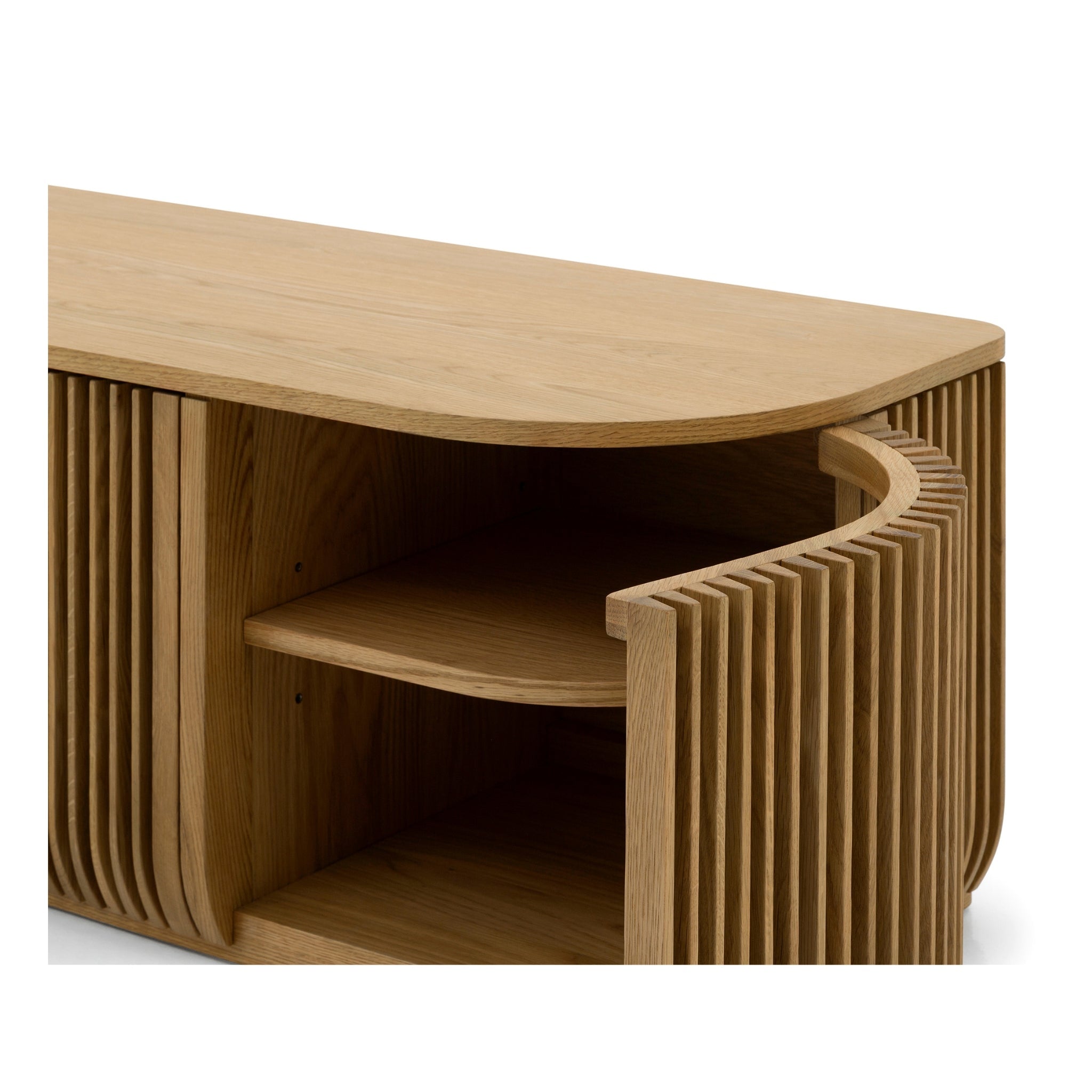Franz Solid Oak Media Console – Handcrafted TV Cabinet with curved vertical slatted oak door and open shelf, natural solid wood, gallery 1