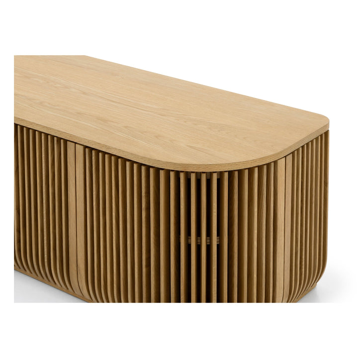 Franz Solid Oak Media Console – Handcrafted TV Cabinet with curved vertical slatted oak doors and smooth rounded edges, gallery position 1.
