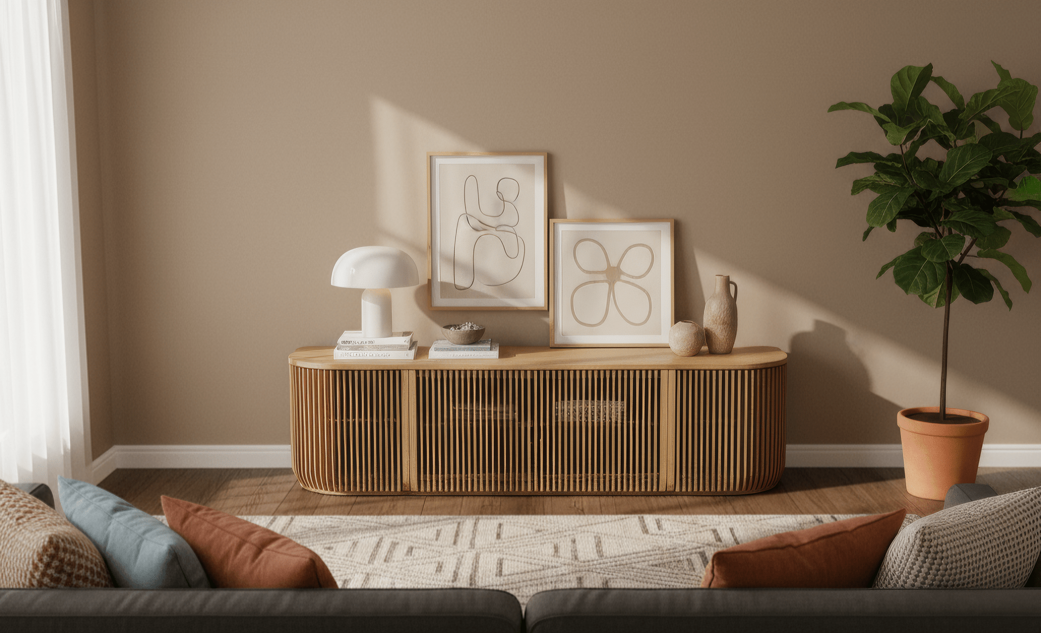 Franz Solid Oak Media Console – Handcrafted TV Cabinet with slatted oak doors, smooth rounded edges, and minimalist natural oak design, gallery position 1.