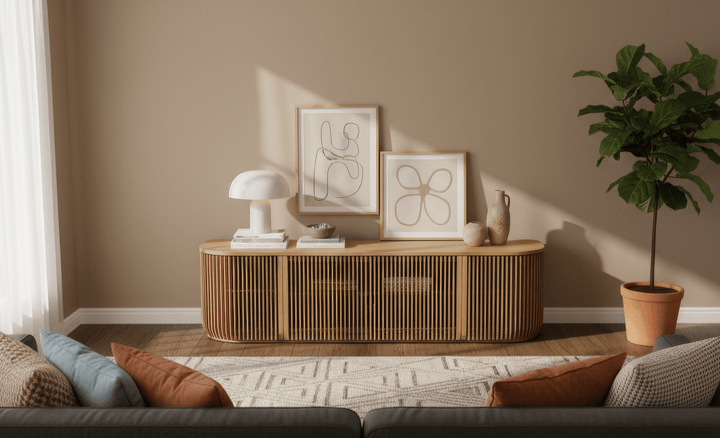 Franz Solid Oak Media Console – Handcrafted TV Cabinet with slatted oak doors, smooth rounded edges, and minimalist natural oak design, gallery position 1.
