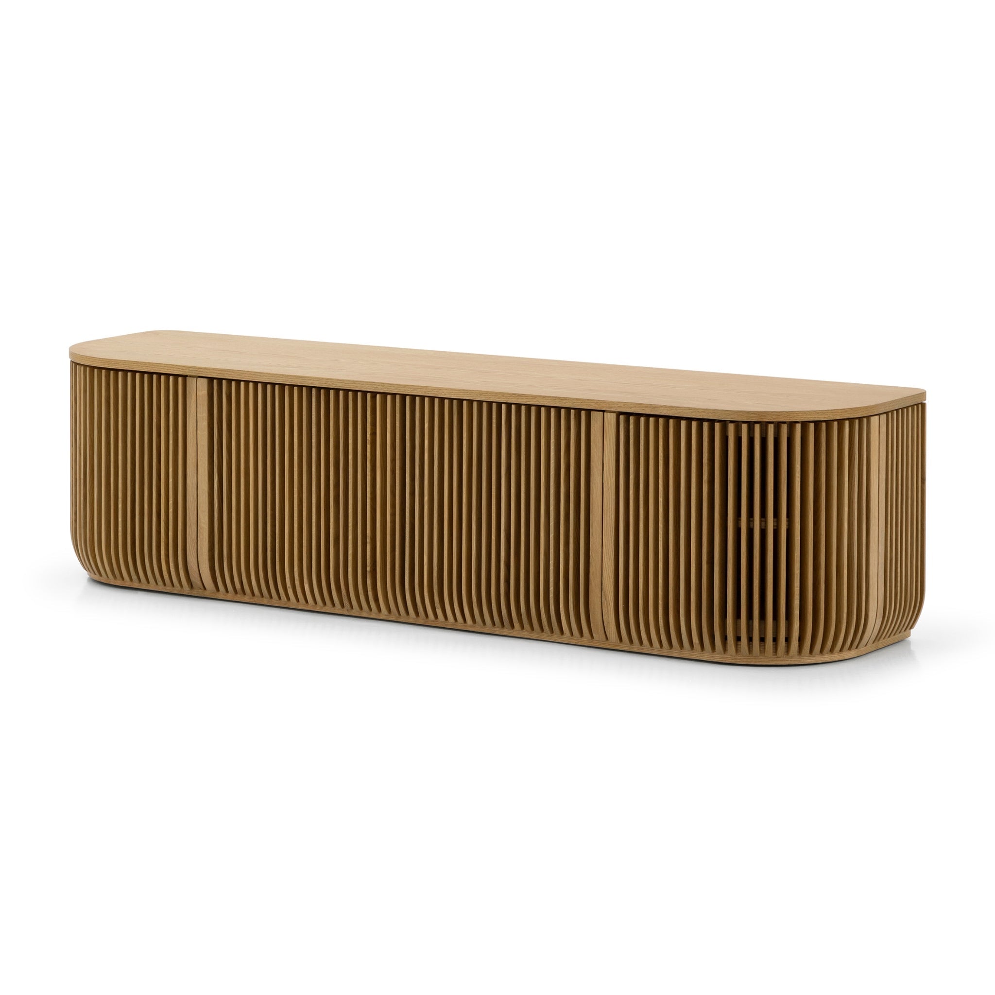 Franz Solid Oak Media Console – Handcrafted TV Cabinet with curved slatted oak doors and natural wood texture, gallery position 1, modern design