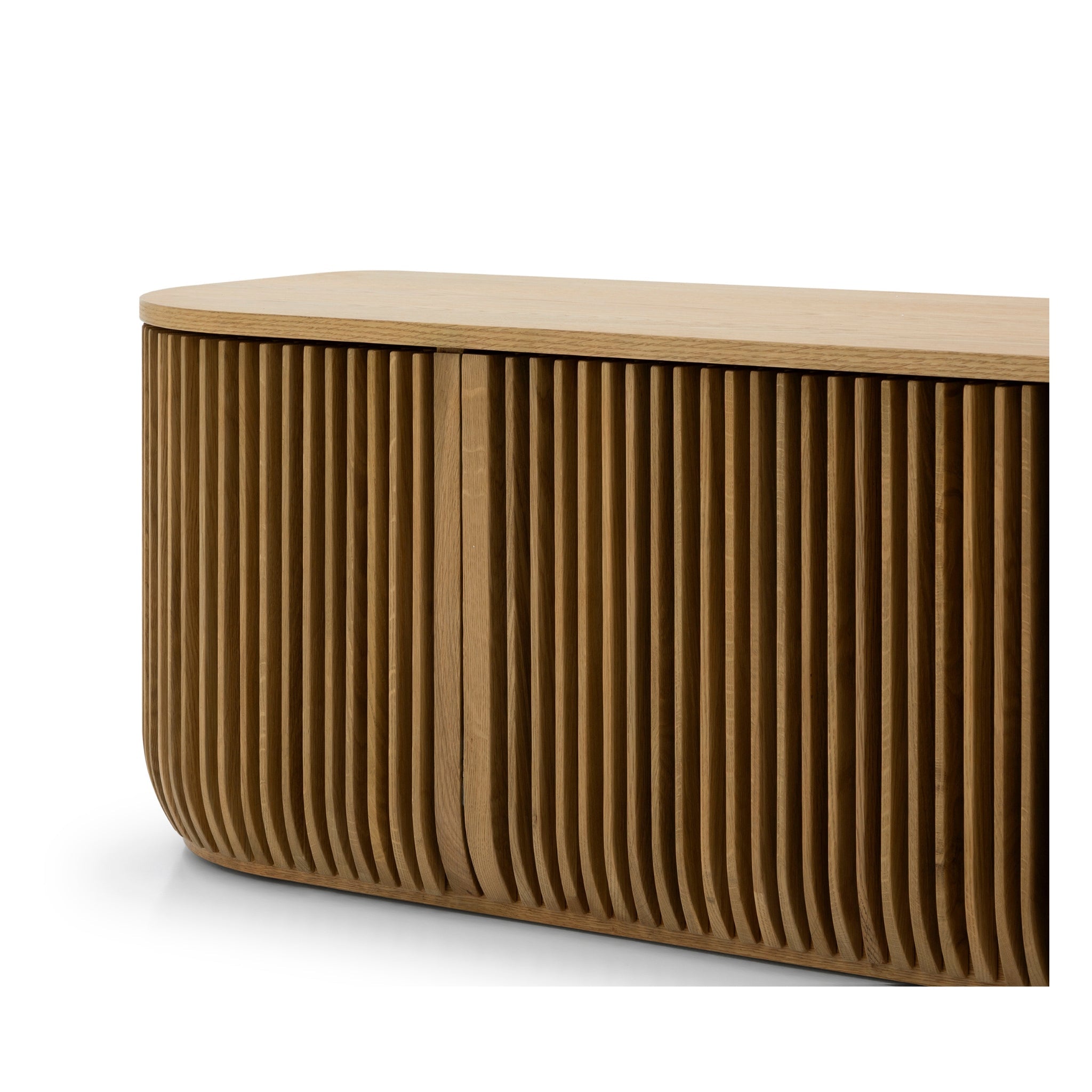 Franz Solid Oak Media Console – Handcrafted TV Cabinet with curved vertical slatted oak front and smooth rounded edges, gallery position 1.