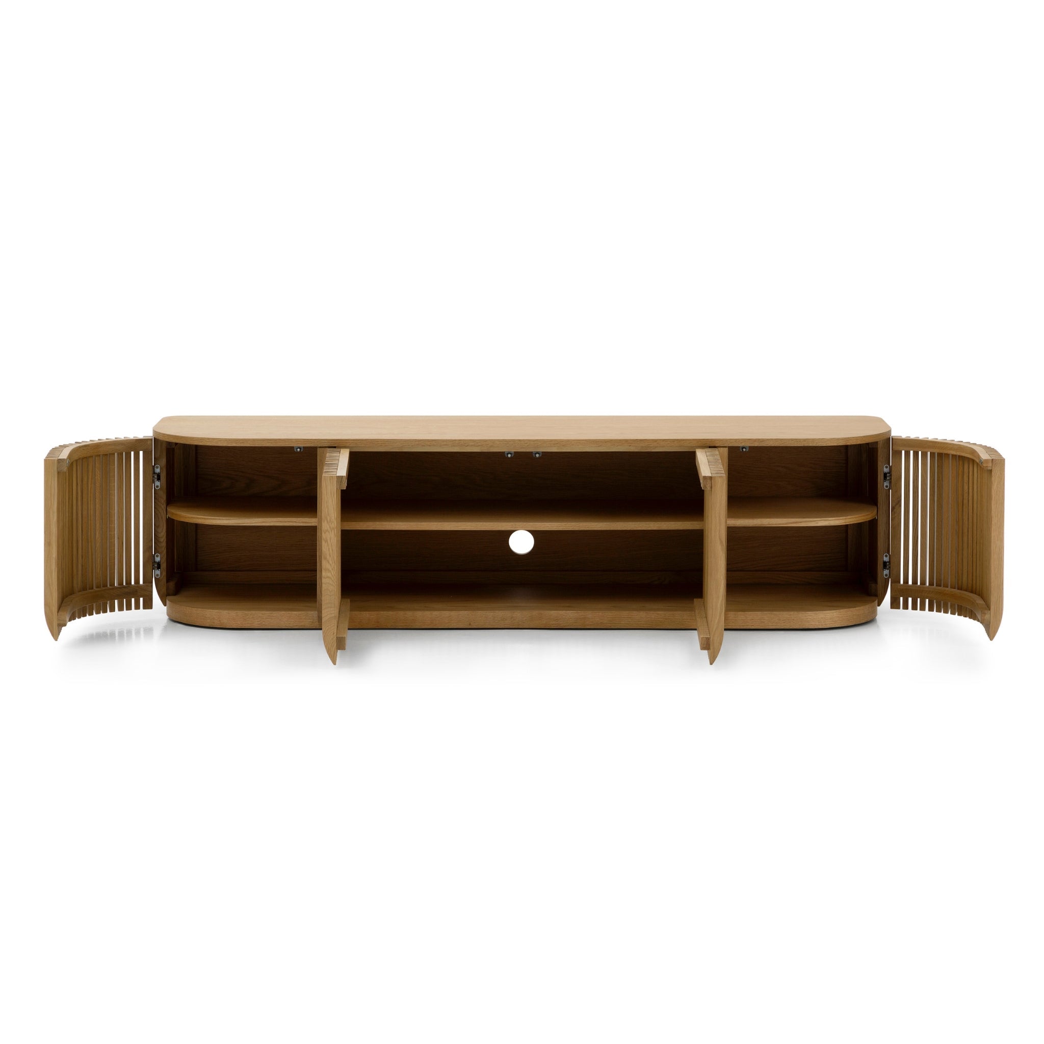 Franz Solid Oak Media Console – Handcrafted TV Cabinet with open slatted doors and spacious internal shelving, gallery position 1, natural oak finish