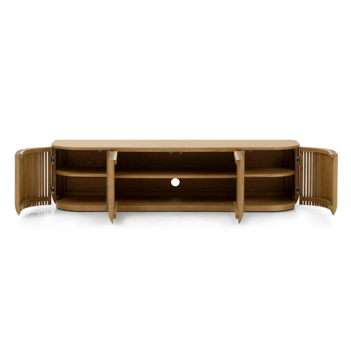 Franz Solid Oak Media Console – Handcrafted TV Cabinet with open slatted doors and spacious internal shelving, gallery position 1, natural oak finish