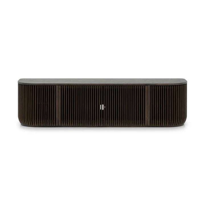Franz Solid Oak Media Console – Handcrafted TV Cabinet in Espresso Finish with curved ribbed front panels in minimalist Scandinavian design, gallery 1.
