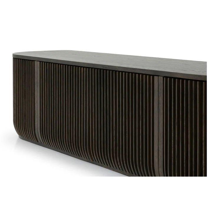 Franz Solid Oak Media Console – Handcrafted TV Cabinet in Espresso Finish with curved ribbed front and solid wood Scandinavian design