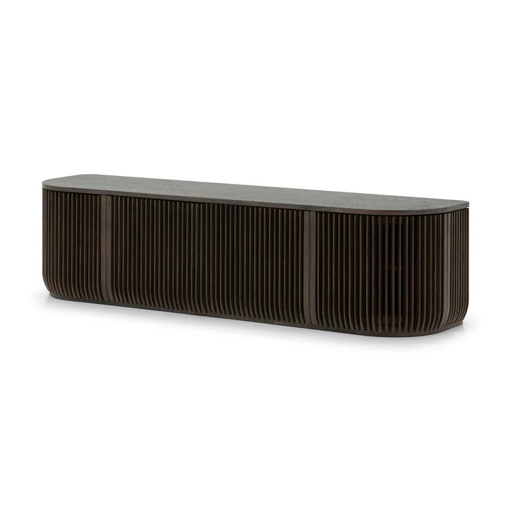 Franz Solid Oak Media Console – Handcrafted TV Cabinet in Espresso Finish with ribbed curved front and sleek Scandinavian solid oak design