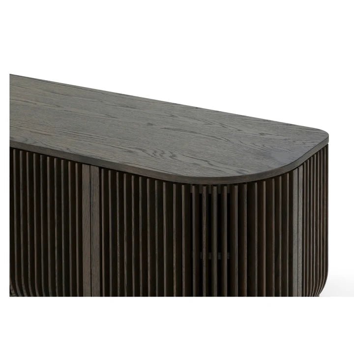 Franz Solid Oak Media Console – Handcrafted TV Cabinet in Espresso Finish with curved ribbed front and solid wood Scandinavian design