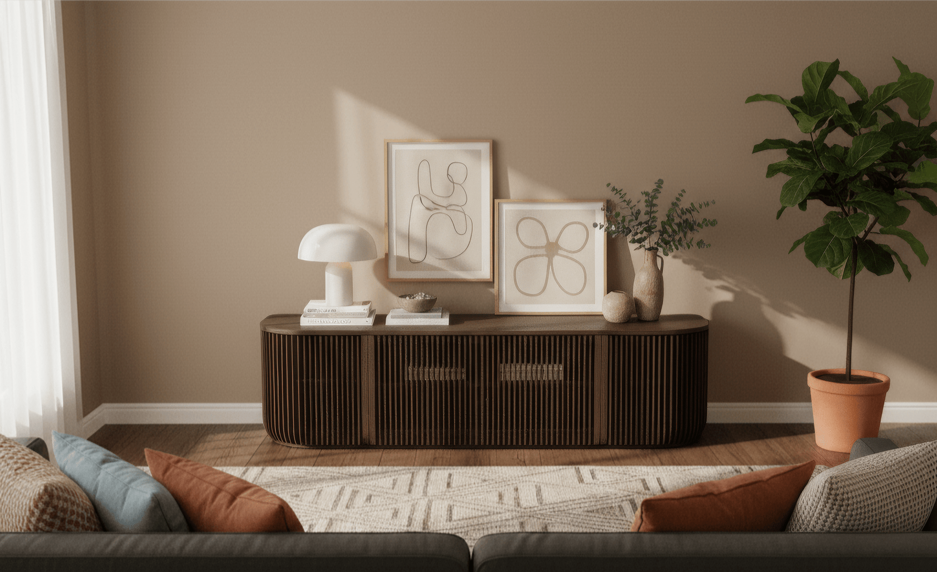 Franz Solid Oak Media Console – Handcrafted TV Cabinet in Espresso Finish with ribbed door design in minimalist Scandinavian style