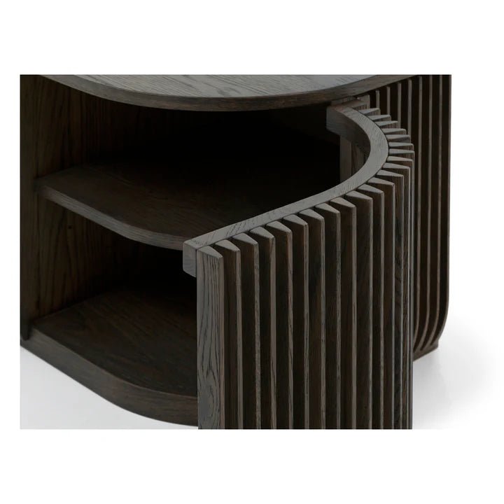Franz Solid Oak Media Console – Handcrafted TV Cabinet in Espresso Finish with open ribbed door and curved shelves