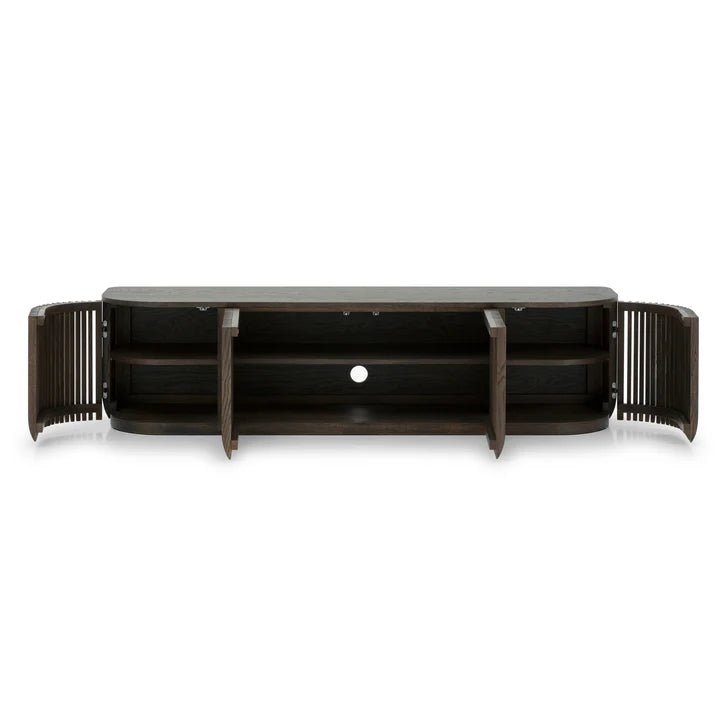 Franz Solid Oak Media Console – Handcrafted TV Cabinet in Espresso Finish with open doors and shelves, solid wood Scandinavian design