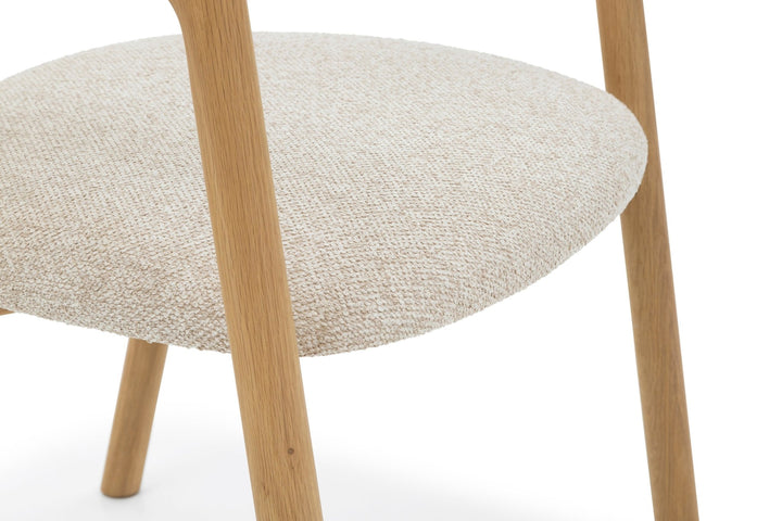 Franz – Timeless Oak Dining Chair, Cobble fabric close-up on textured beige seat and natural oak legs, sculptural solid oak Scandinavian design, gallery 1