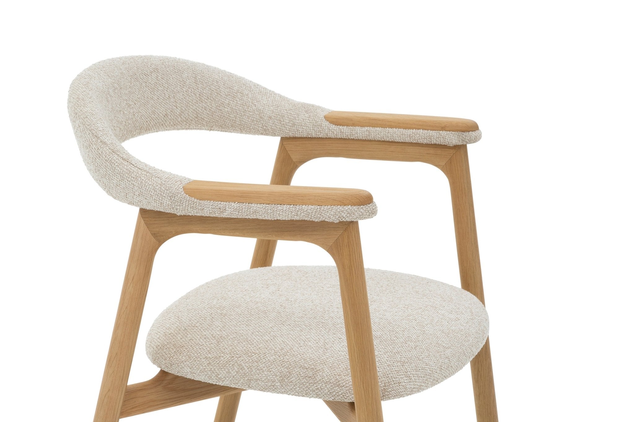 Franz – Timeless Oak Dining Chair, Cobble fabric close-up of curved armrest and textured light beige upholstery on natural solid oak frame, gallery 1