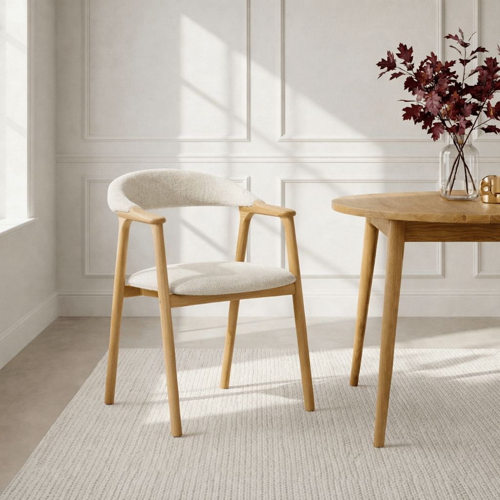 Franz American White Oak dining chair with Cobble fabric, curved backrest, three-quarter front view