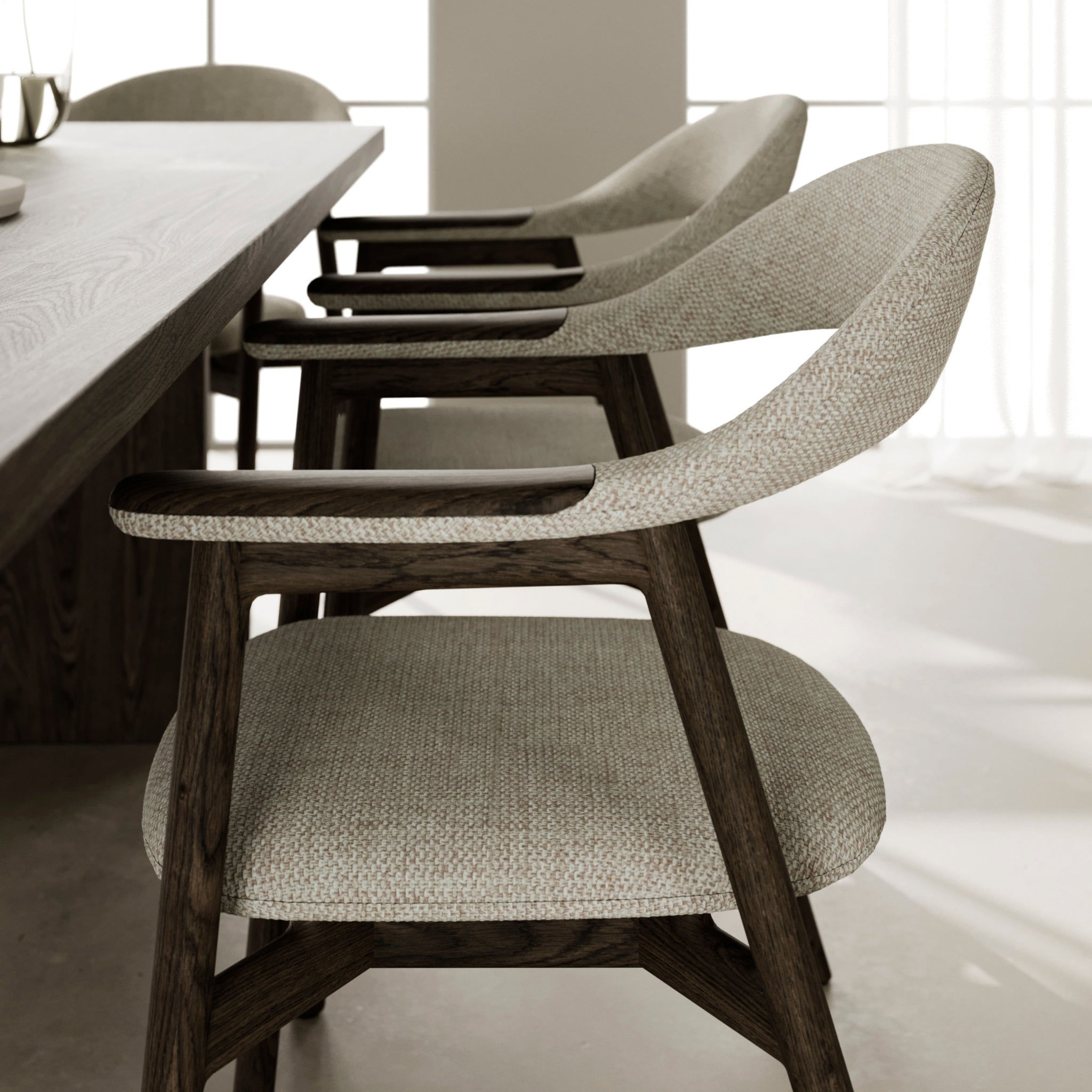 Elegant oak dining chair in espresso lacquer with cushioned Vico fabric and sculpted frame