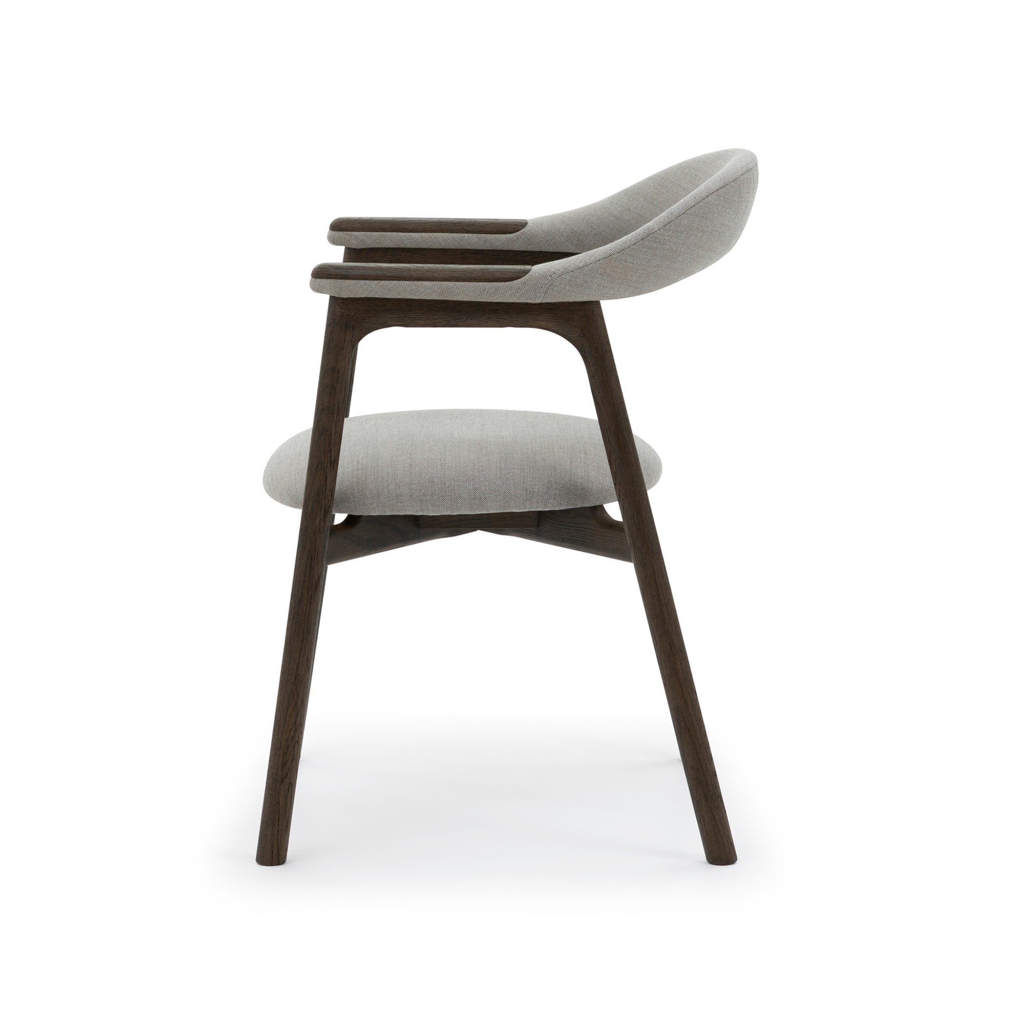 Franz – Timeless Oak Dining Chair, Espresso matte lacquer, Vico Fabric side profile highlighting sculptural solid oak frame and light fabric seat, gallery 1