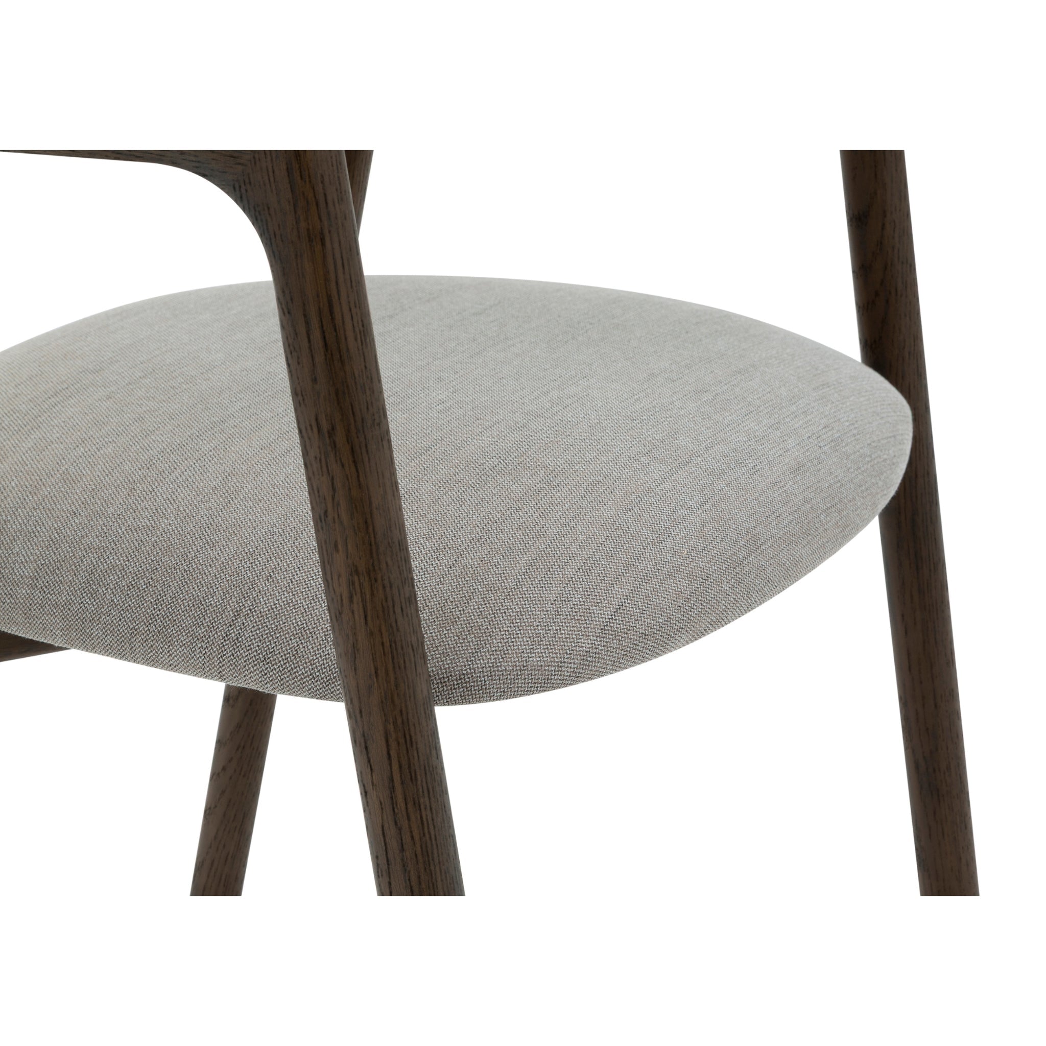 Franz – Timeless Oak Dining Chair, Espresso matte lacquer, Vico Fabric close-up of sculptural solid oak frame and textured light fabric seat, gallery 1