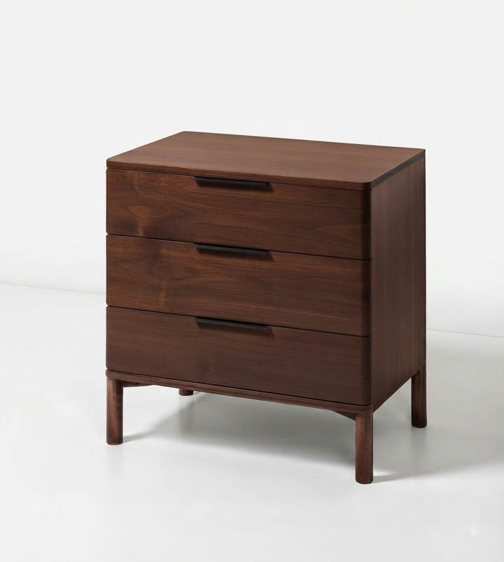 A three-drawer wooden nightstand with a dark walnut finish and slim black metal handles, photographed on a clean white studio background.