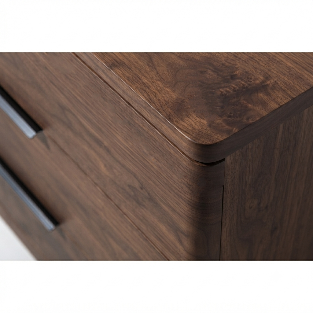 Close-up of a dark brown wood furniture piece showing the corner joint, wood grain texture, and part of a drawer with a metallic handle on a white background.