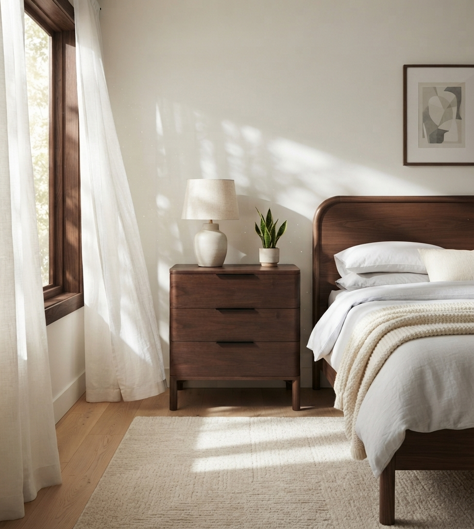 A styled bedroom scene featuring a dark brown wooden nightstand with three drawers, styled with a white ceramic table lamp and a small potted plant, next to a matching wooden bed frame.