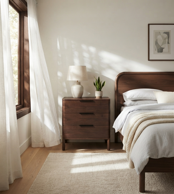 A styled bedroom scene featuring a dark brown wooden nightstand with three drawers, styled with a white ceramic table lamp and a small potted plant, next to a matching wooden bed frame.